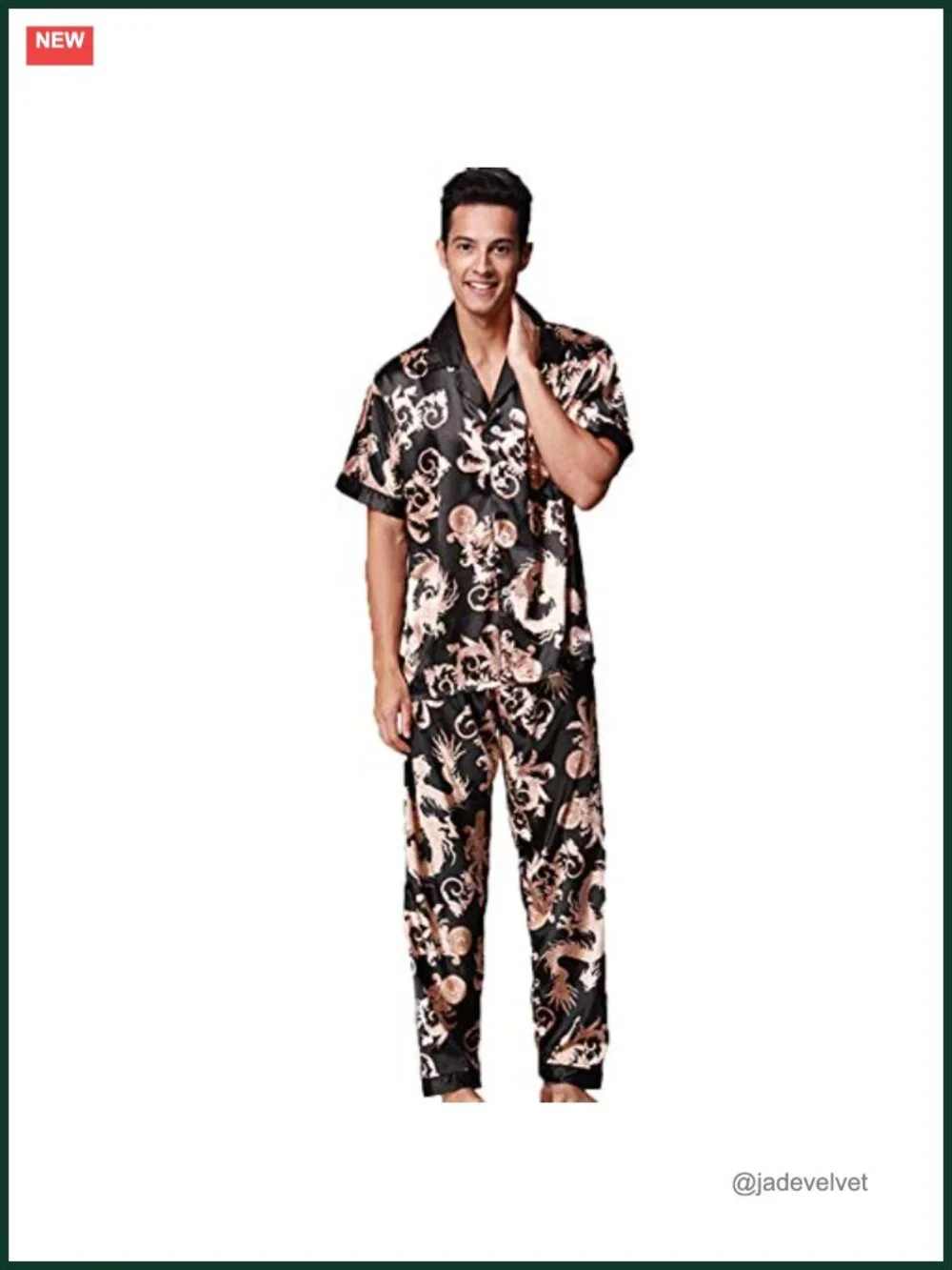 Men's Silk Satin Pajama Set Short Sleeve Dragon Pattern Loungwear Sleep Set